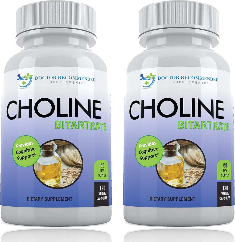 Choline Premium - 500 mg - 120 Capsules de Veggie - Soutient la santé cognitive, la mémoire et plus - 2 Pack