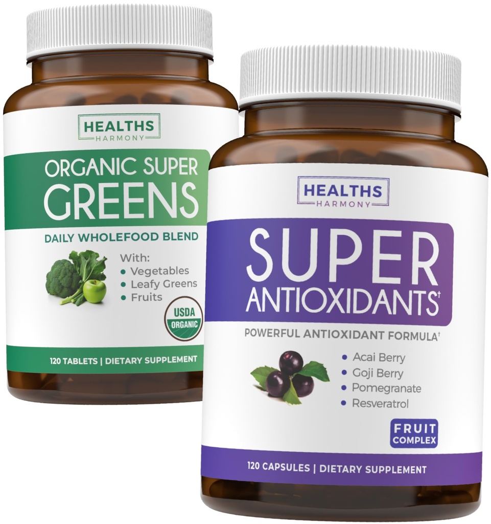 Super Greens & Antioxydants (2-Mois d'approvisionnement) Antioxydants Greens Bundle de poudre de Super Greens organiques - Superfood Complete (120 Capsules) & Super Antioxydants - Superfood puissant (120 Capsules)