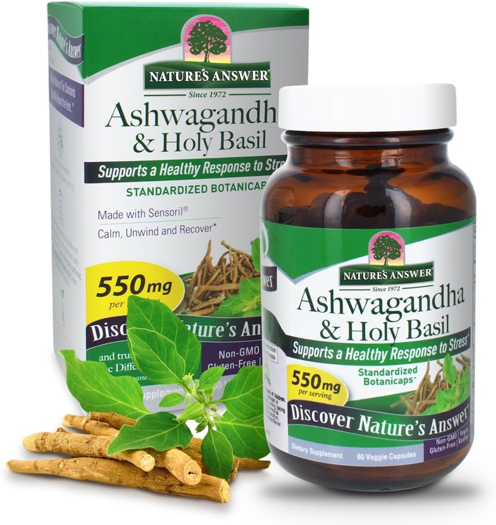 Réponse de la nature Ashwagandha Root with Holy Basil 60 Capsules (en anglais seulement) Supporte une réponse saine au stress * , Calme. Détendez-vous et détendez-vous*.