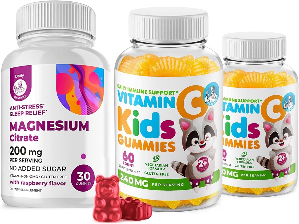 Vitamine C Gummies 120 nombre pour les enfants et les adultes 240 mg et Magnésium 200 mg Gummies - Immune Support à faible teneur en sucre Vitamines gommy à croquer pour les enfants et les adultes sans sucre