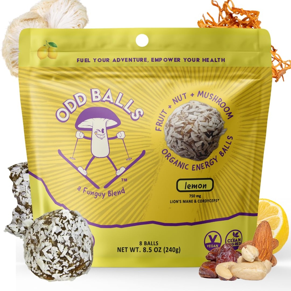 ODD BALLS Bio Energy Balls Lemon - Superfood Mushroom Snack - Course, vélo, randonnée - Gels, Bars Alternative - Lion's Mane Focus, Cordyceps Energy - Vegan, collations sans gluten pour enfants et adultes