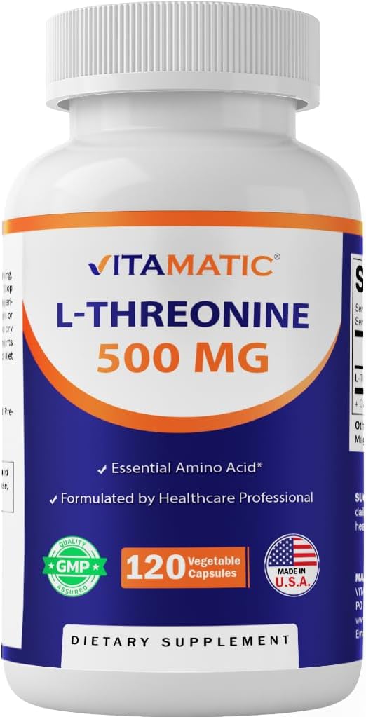 Vitamatic L-Thréonine 500mg – 120 capsules végétales favorise la santé du foie, de la fonction cardiovasculaire et structurelle
