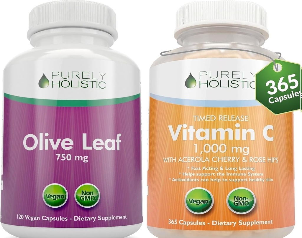 Extrait de feuille d'olive purement holistique 750mg + vitamine C 1000mg 2 étapes de libération - 485 Capsules végétaliennes - Fabriquées aux États-Unis