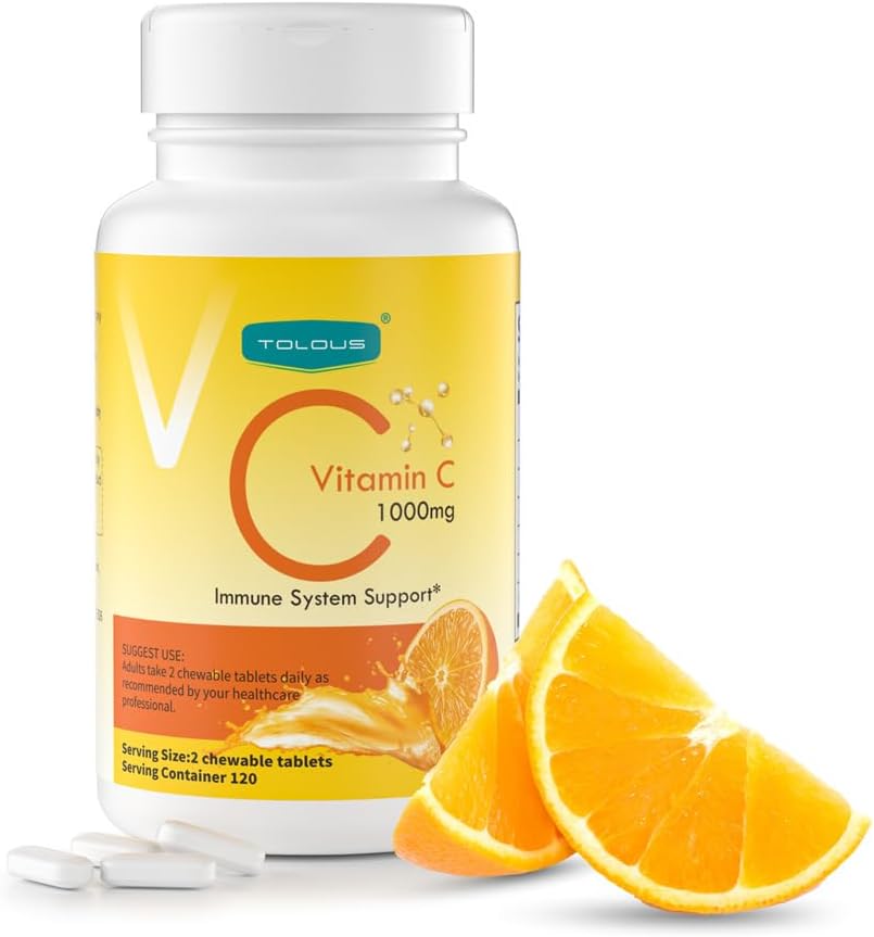 1000mg Vitamine C, soutien immunitaire, 120 comprimés à croquer, 60 jours d'approvisionnement, sans gluten, saveur orange