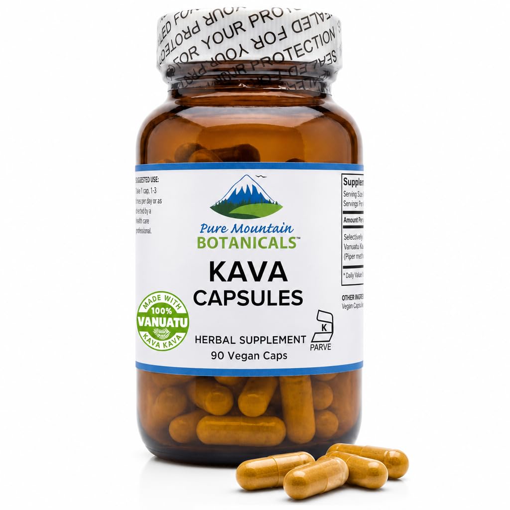 Pure Mountain Botanicals Capsules de kava kava - 90 capsules de kasher végétalien avec 400mg d'extrait de racine sauvage de kava de Vanuatu