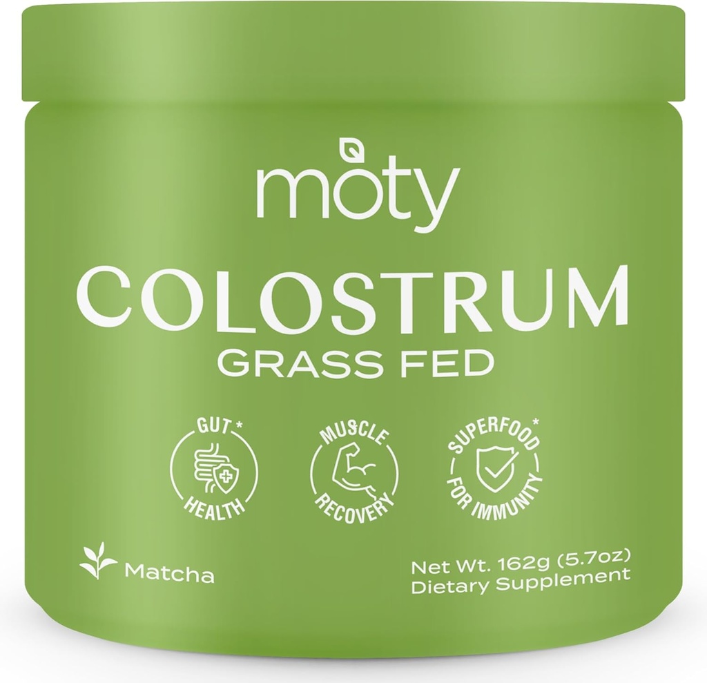 Moty Bovine Colostrum supplément de poudre d'herbe pour la santé de Gut, récupération musculaire, super-aliments pour l'immunité, sans gluten (60 portions) - Matcha aromatisé