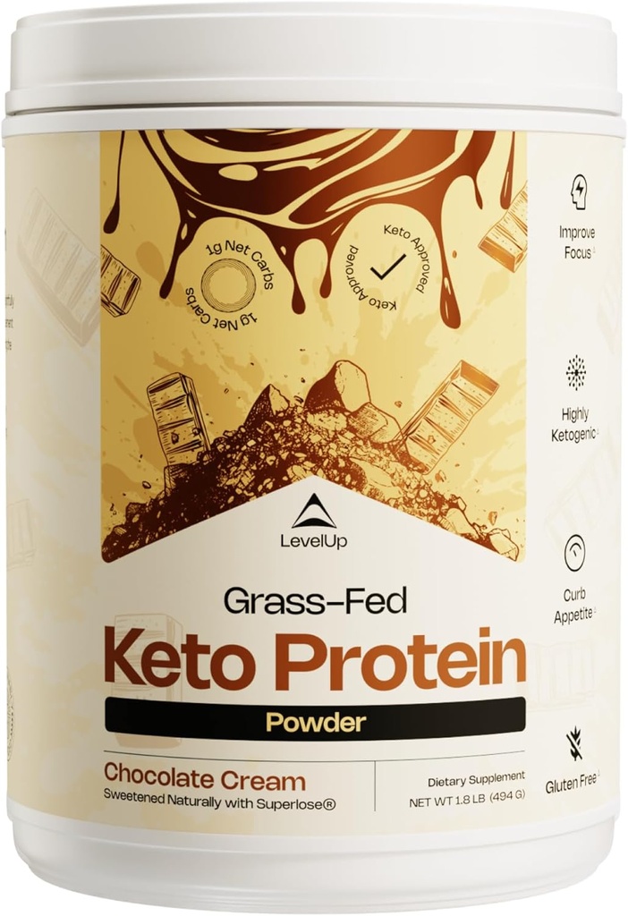 LevelUp WINNER - BEST KETO PROTEIN Poudre de collagène à l'herbe, huile C8 MCT, Isolate de protéines de lactosérum, beurre irlandais, supplément kétogénique de shake de protéines (crème de chocolat)