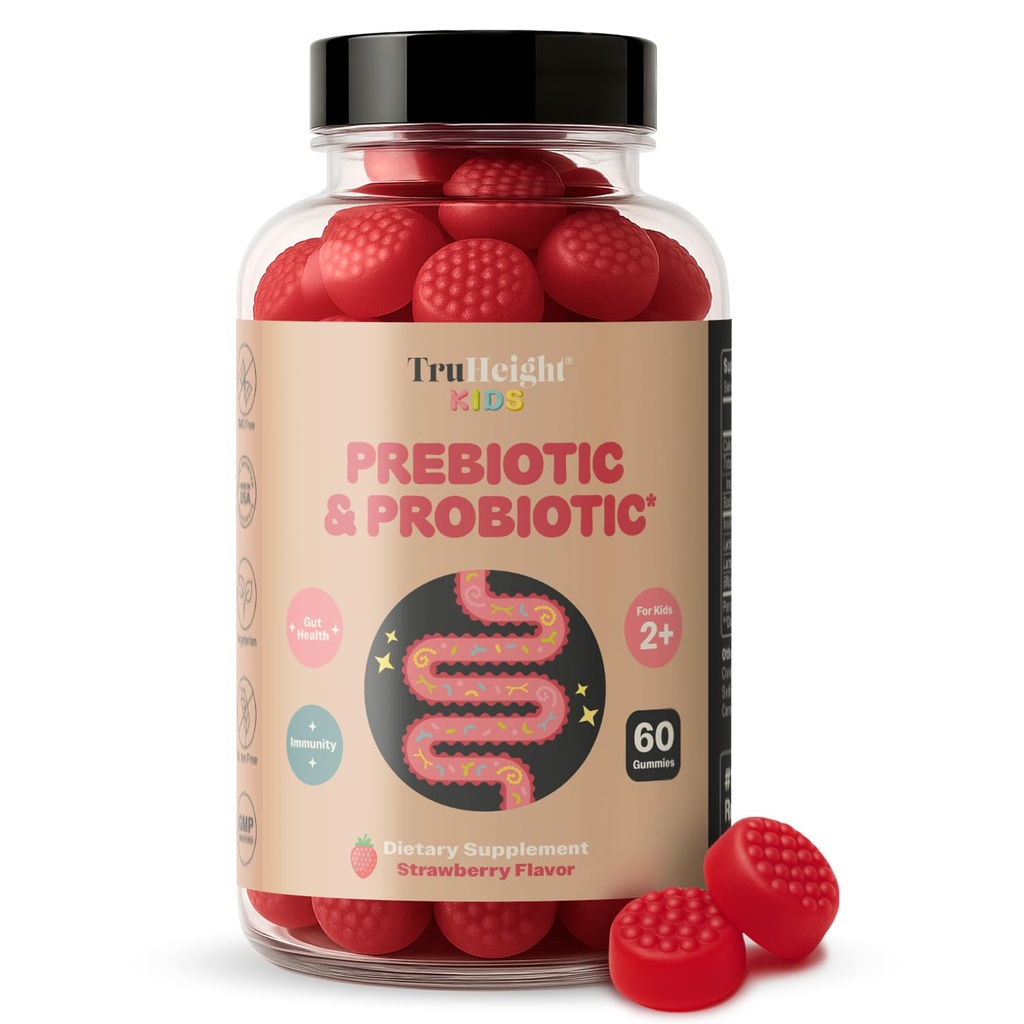 TruHeight Kids Prebiotic & Probiotic Gummies Ages 2+ (Strawberry Flavor) Toddlers & Kids All Natural Gut Health, Digestive Enzymes, Stomache Ache, Constipation Relief Supplement - Pediatric Vitamins