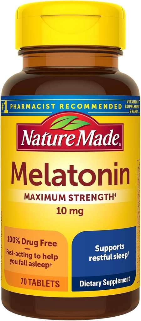Nature faite Melatonine 10mg Comprimés de force maximale, 100% sans médicament Aide au sommeil pour adultes, Melatonine pour adultes, 70 Nombre, 70 Jours d'approvisionnement