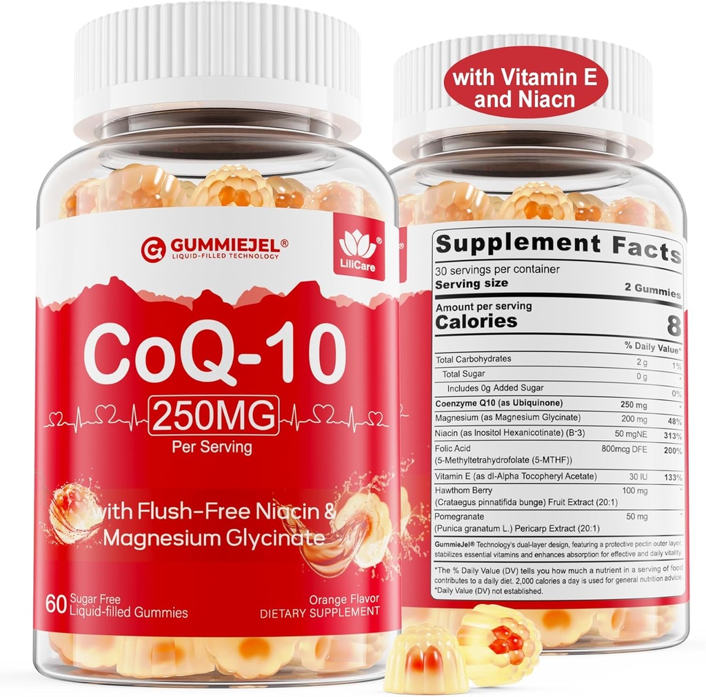 2 Pack - Sans sucre CoQ10 Gommies remplies 250MG, Coenzyme Q10 avec/Glycinat de magnésium, Niacine vitamine B sans mousse, E et acide folique, CoQ10 haute absorption pour l'oreille, énergie cellulaire et antioxydant