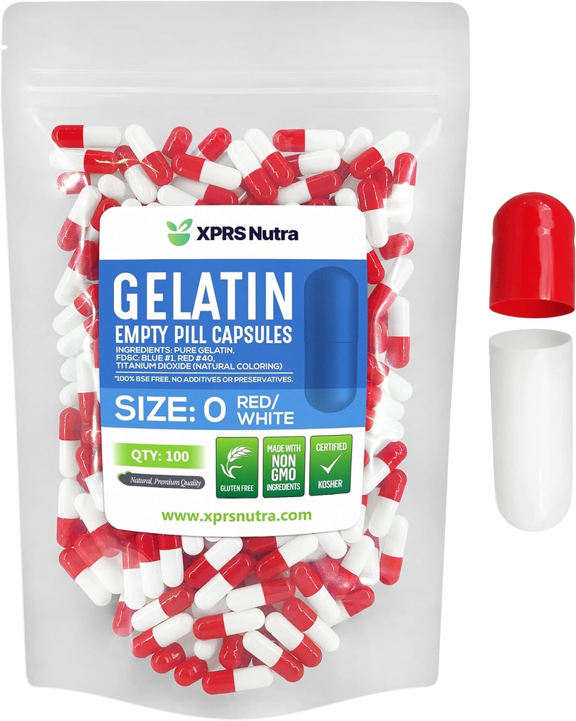 XPRS Nutra Taille 0 Capsules vides - 100 Compte Capsules de gélatine vides - Remplissage de la capsule de bricolage - Gel de pilules pures pour les suppléments Do-It-Youlf (Rouge/Blanc)