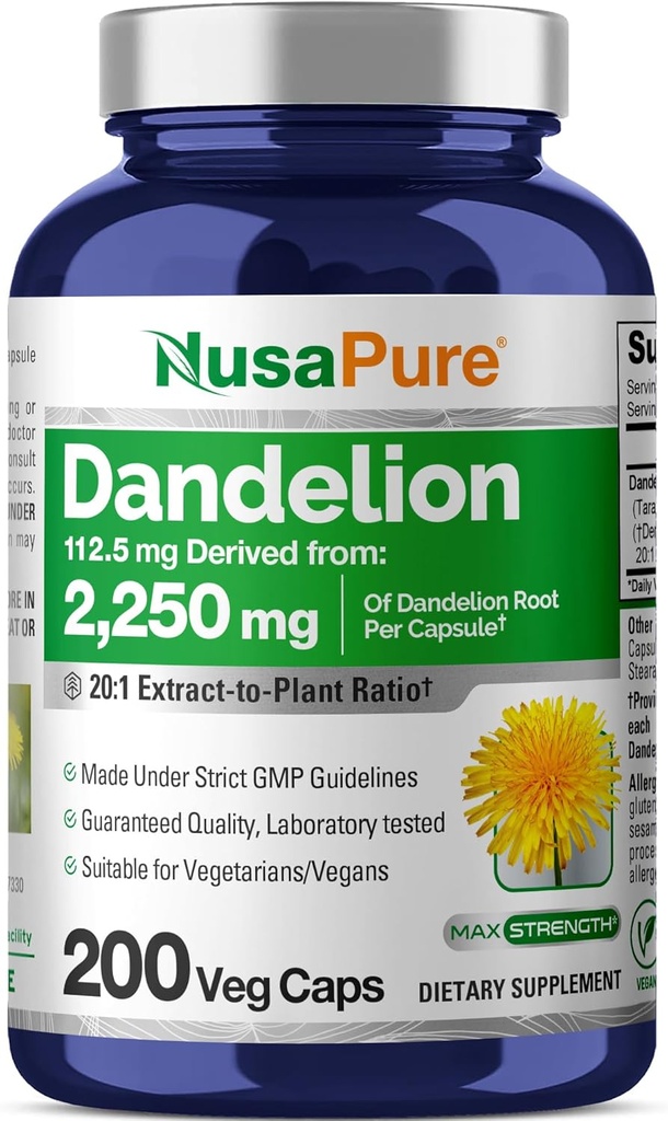 NusaPure Dandelion Racine 20:1 Extrait, 112,5 mg Équivalent à 2 250 mg 200 Capsules de Véggie (non OGM, végétalien)