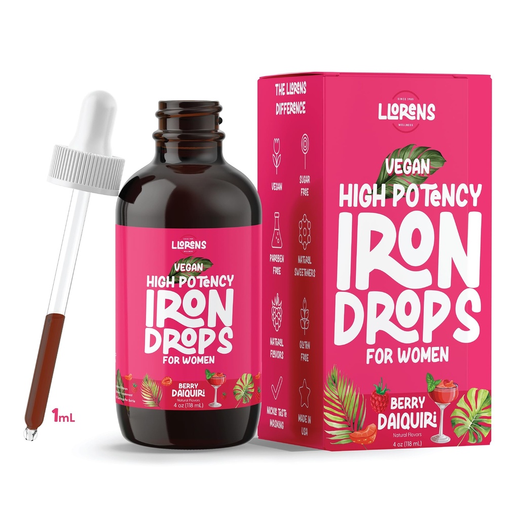 Supplément en fer PHARMACEUTIQUE LLORENS pour femmes gouttes de fer soutien quotidien, 20mg de polysaccharide complexe sans goût, édulcorants naturels, végétalien et sans parabène (Berry Daiquiri, 4 Fl Oz)