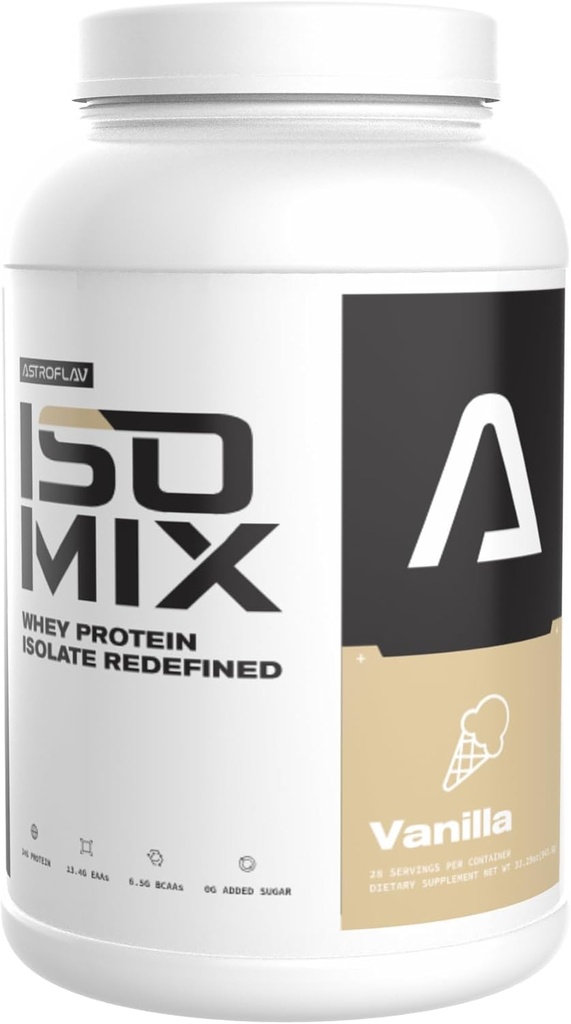 ASTROFLAV IsoMix Redéfini Poudre isolate de protéines de lactosérum – 24g de protéines, 0g de sucre, faible teneur en glucides, 6,5g BCAA + 13,4g EAA – Formule de croissance musculaire de prime et maigre, Vanille