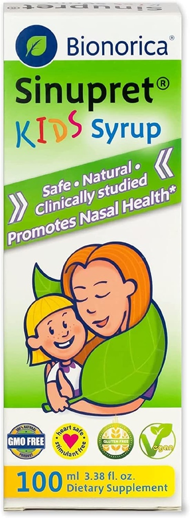 Bionorica Sinupret Kids Sinus & Immune Sirop Respiratoire & Immunity Boost Natural, Fast Aging Herbal Support with Verbena & Elder Flower - Cherry Flavor - 3,38 oz