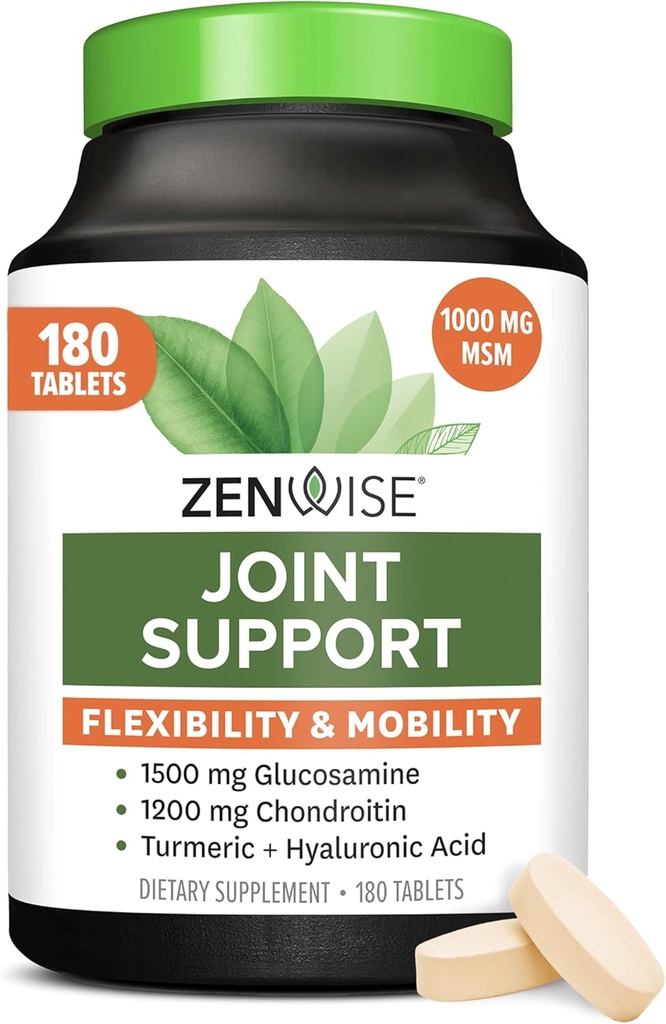 Zenwise Health Joint Support Complement with Glucosamine Chondroitin MSM, Curcumin & Sulfate - Santé conjointe pour les femmes et les hommes - Soutien à la mobilité et à la flexibilité du genou, du cartilage et des os - 180 Comte