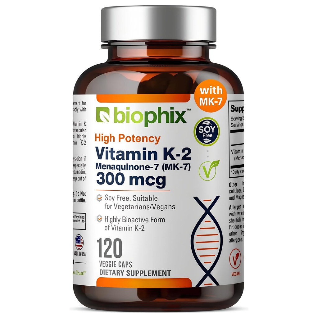 biophix Vitamine K2 MK-7 300mcg, 120 Capsules Vegan – Supplément à haute capacité pour la force osseuse et la santé immunitaire