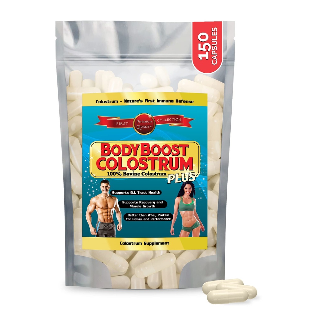 BodyBoost Colostrum Capsules, 100% Bovine Colostrum Poudre, Supplément d'Immune Booster avec Immunoglobulin & Lactoferrine, Super Food for Gut Health, Diversité d'apport, 150 Capsules