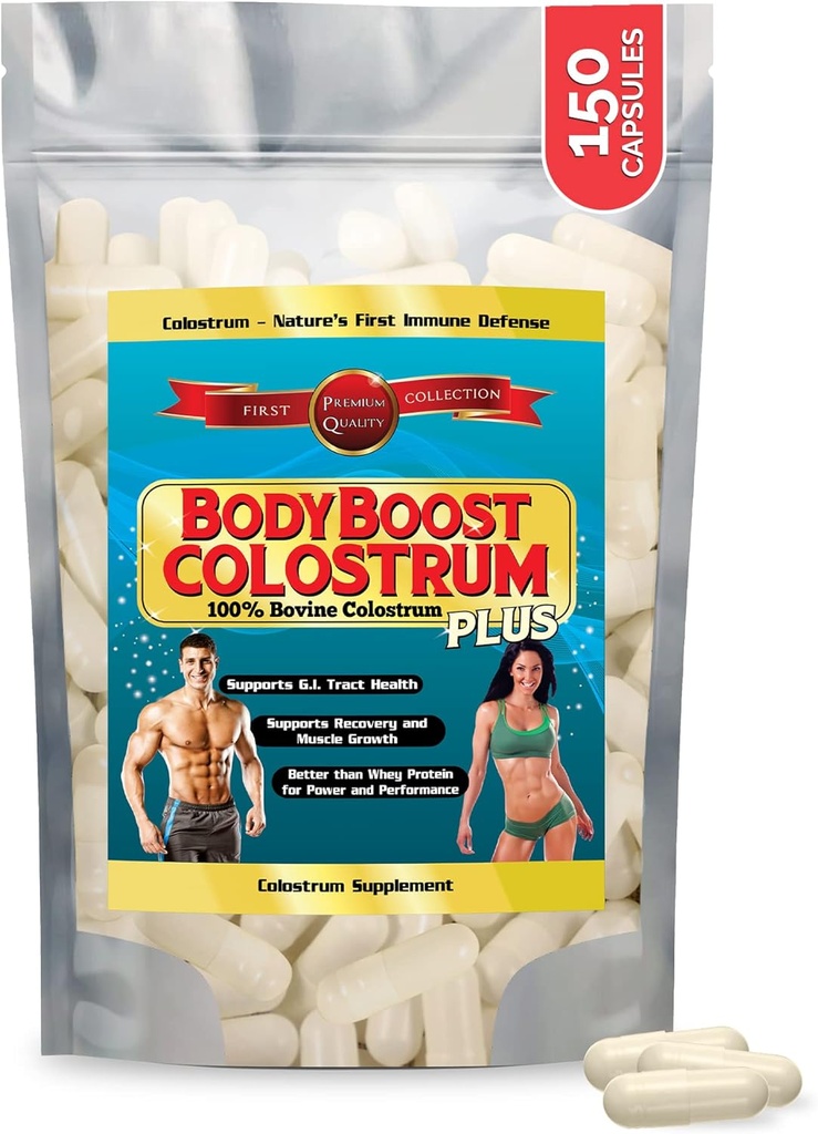 BodyBoost Colostrum Capsules, 100% Bovine Colostrum Poudre, Supplément d'Immune Booster avec Immunoglobulin & Lactoferrine, Super Food for Gut Health, Diversité d'apport, 150 Capsules