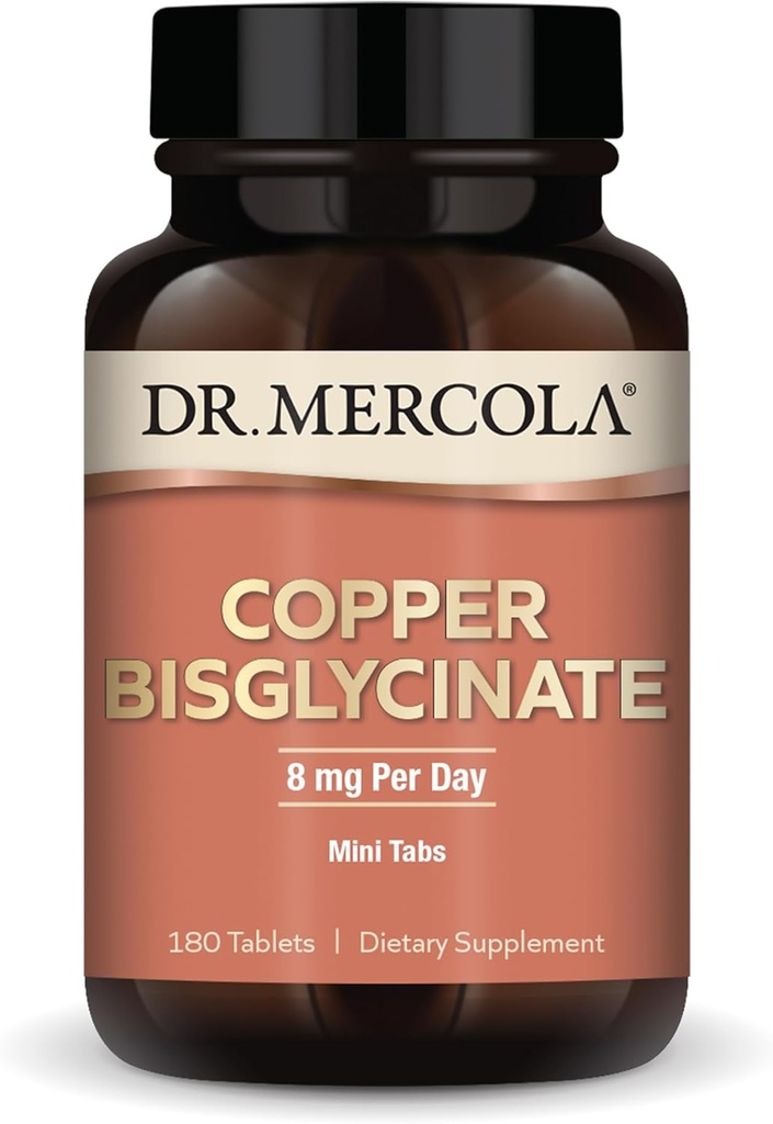 Dr Mercola bisglycinate de cuivre, 90 portions (180 comprimés), suppléments alimentaires, 8 mg par jour, mini-onglets, soutient la santé globale, non OGM