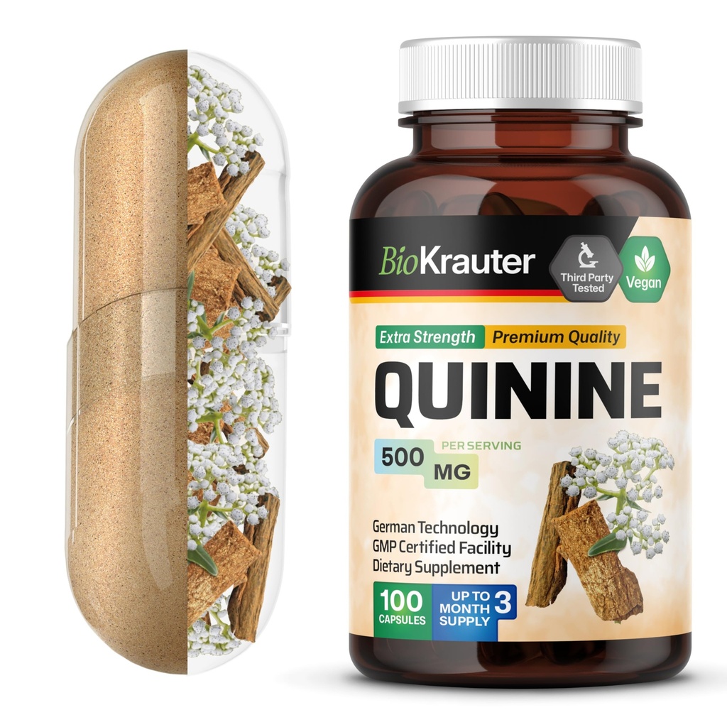 BIO KRAUTER Quinine pour les crampes des jambes Capsules 500 mg - 100 Compte - Cinchona Bark Poudre - Quinine Capsules - Vegan, Pas de remplissage