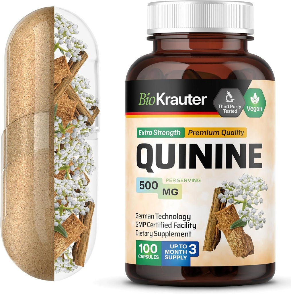 BIO KRAUTER Quinine pour les crampes des jambes Capsules 500 mg - 100 Compte - Cinchona Bark Poudre - Quinine Capsules - Vegan, Pas de remplissage