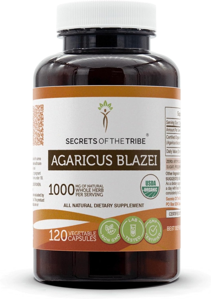 Secrets de la tribu Agaricus Blazei Capsules biologiques USDA Capsules végétariennes certifiées biologiques, complément alimentaire à base de plantes