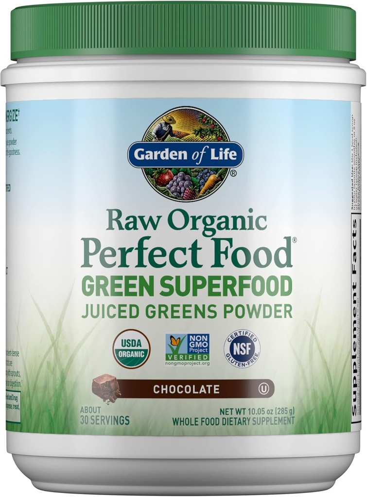 Garden of Life Raw Organic Perfect Food Green Superfood Juiced Greens Poudre - Chocolat, 30 portions - Non-OGM, sans gluten, supplément alimentaire végétal entier, plus probiotiques et enzymes