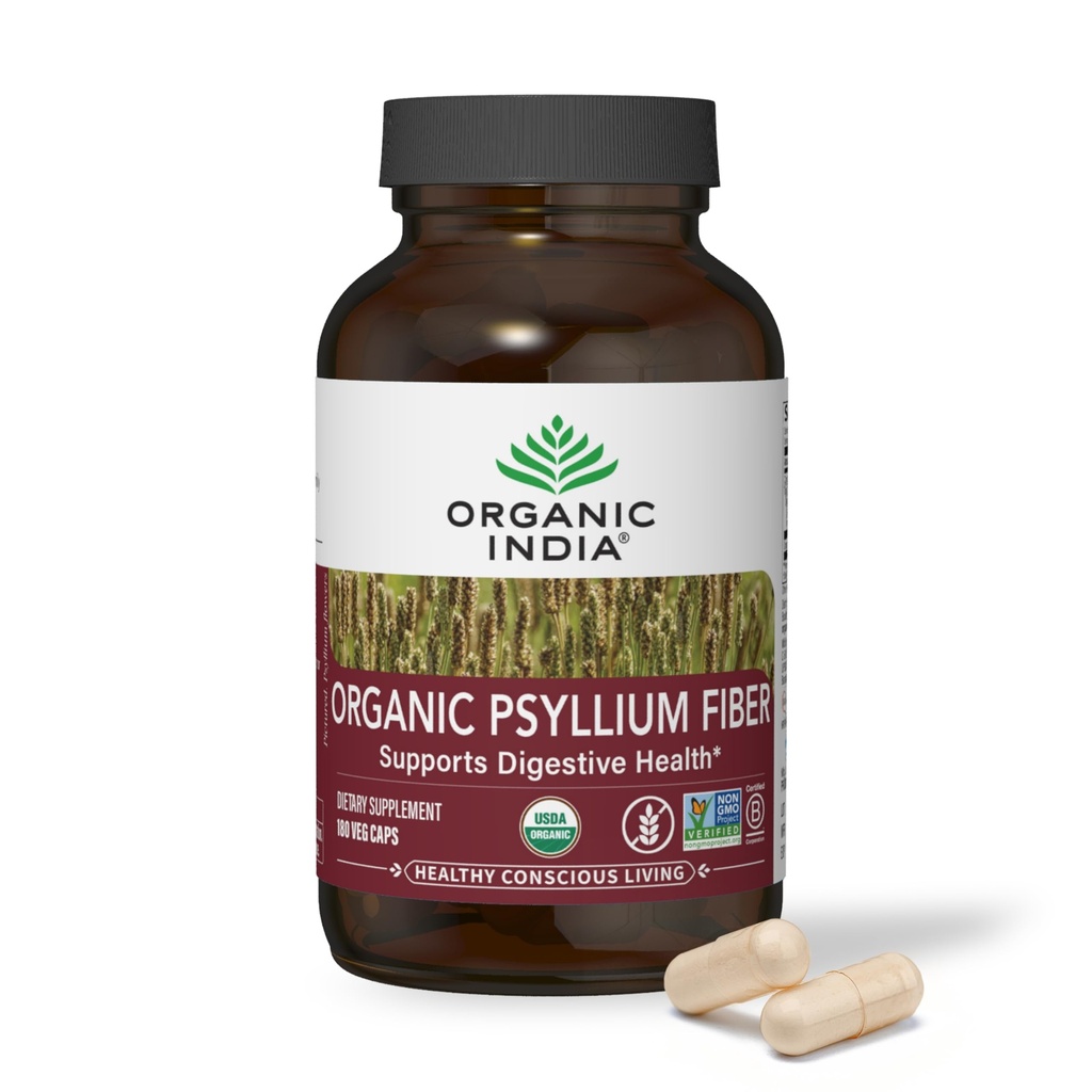 ORGANIC INDIA Psyllium Husk Capsules - Fiber Supplement, Healthy Elimination - Vegan, Keto Friendly, Gluten-Free, USDA Certified Organic, Non-GMO, Soluble & Insoluble Fiber Source - 180 Count