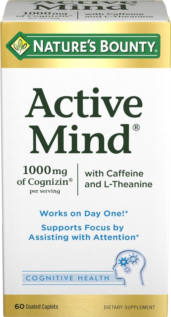 Nature's Bounty Active Mind Dietary Supplément, soutient Focus et attention, 1000 mg Cognizin avec L-Theanine et des pilules caféines, 60 Caplets