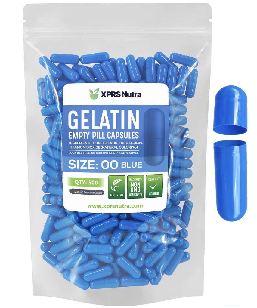 XPRS Nutra Size 00 Capsules vides - 500 Capsules de gélatine vides - Pills Bricolage Capsule Remplissage - Capsules de gel de pilules rechargeables pour compléments Do-It-Youlf (Blue)