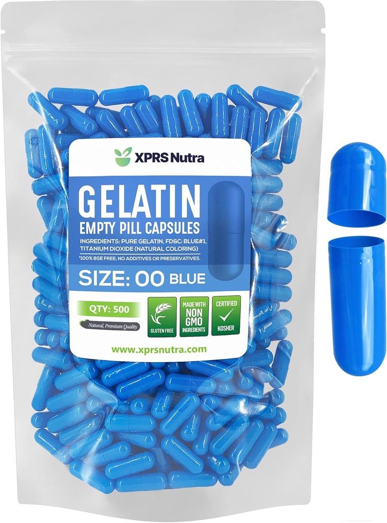 XPRS Nutra Size 00 Capsules vides - 500 Capsules de gélatine vides - Pills Bricolage Capsule Remplissage - Capsules de gel de pilules rechargeables pour compléments Do-It-Youlf (Blue)