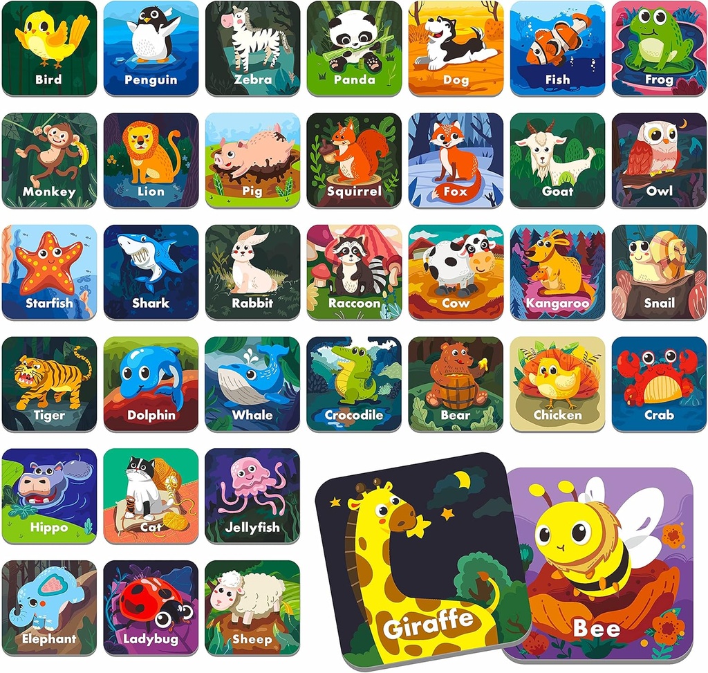 Hebayy 36 paires de cartes de mémoire de match d'animaux pour les enfants, la maternelle, la maternelle et la maison. Erasable, amusant et rapide, Voyage amical, renforcement des compétences. Taille 2=2 x 2=5 x 5 cm