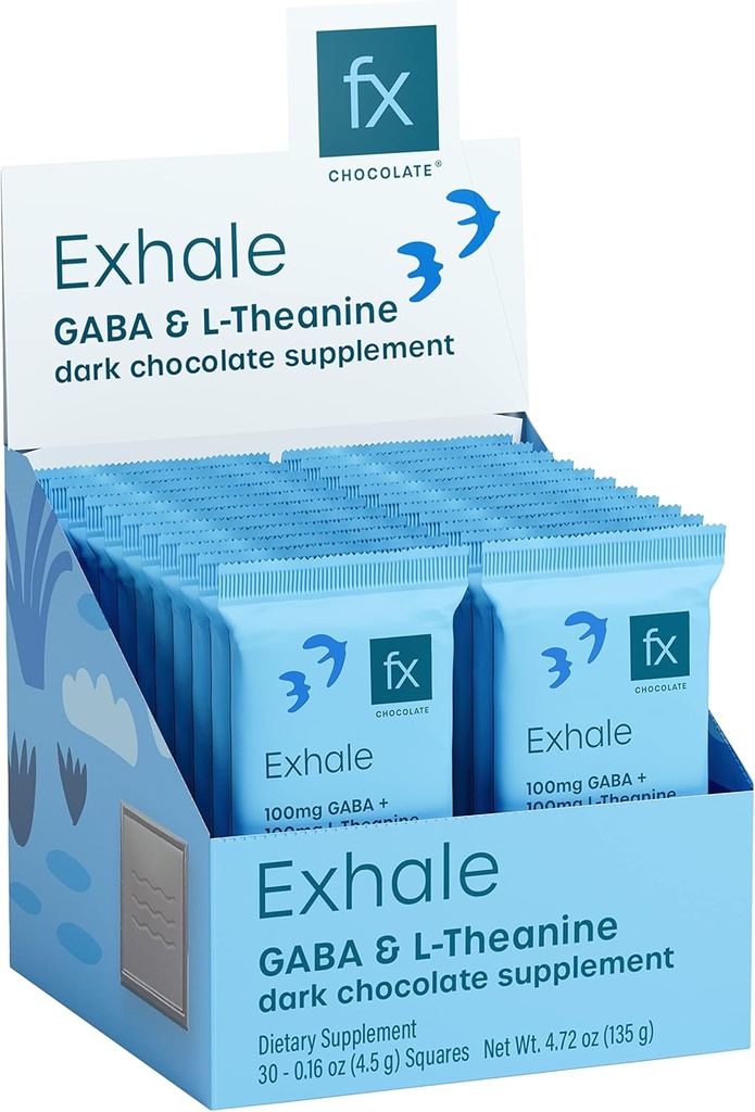 Exhale de chocolat Fx - Supplément de chocolat relaxant pour soutenir calme + réponse au stress - Cacao sans sucre avec 100mg GABA + 100mg L-Theanine - Chocolat noir Keto - Vegan + Non-OGM (30 pièces)