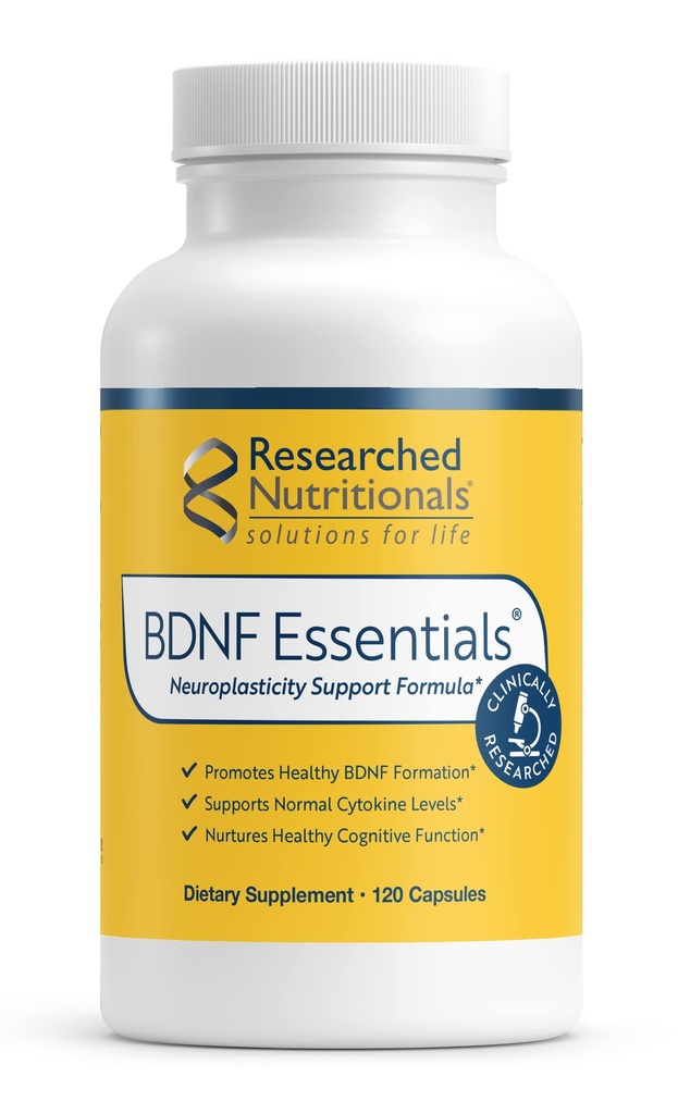 Recherche en nutrition BDNF Essentials - Supplément Clinically Researched Cerveau avec Bacopa Monnieri & Lions Mane Mushroom - Soutienne la neuroplastie, et les niveaux de cortisol sains, 120 Capsules