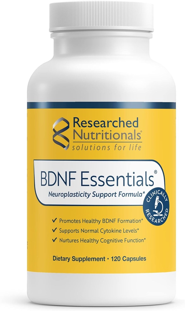 Recherche en nutrition BDNF Essentials - Supplément Clinically Researched Cerveau avec Bacopa Monnieri & Lions Mane Mushroom - Soutienne la neuroplastie, et les niveaux de cortisol sains, 120 Capsules