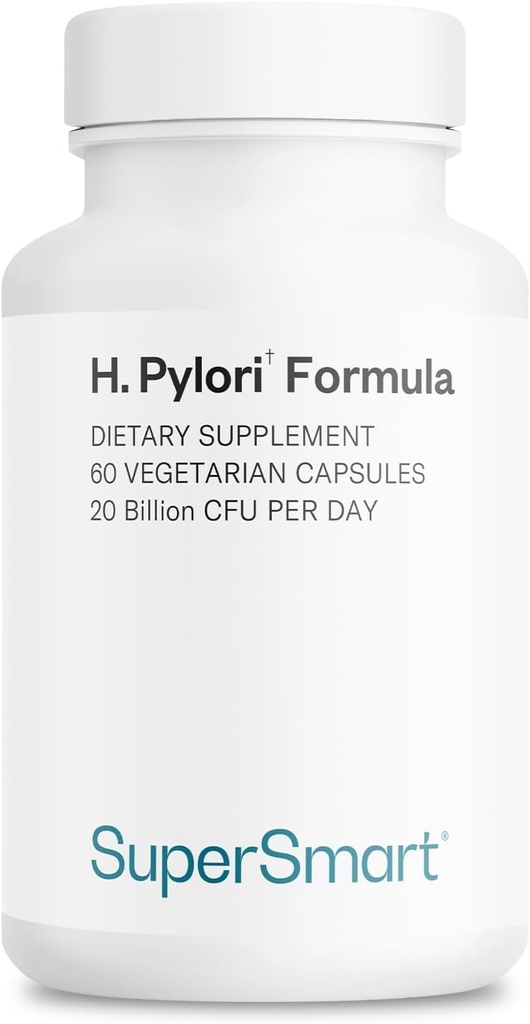 Supersmart H. Pylori Formula 20 Million CFU par jour (haute puissance) - Probiotique breveté Pylopass Lactobacillus Reuteri Supplément DSM 17648 Sans OGM et sans gluten - 60 capsules végétariennes