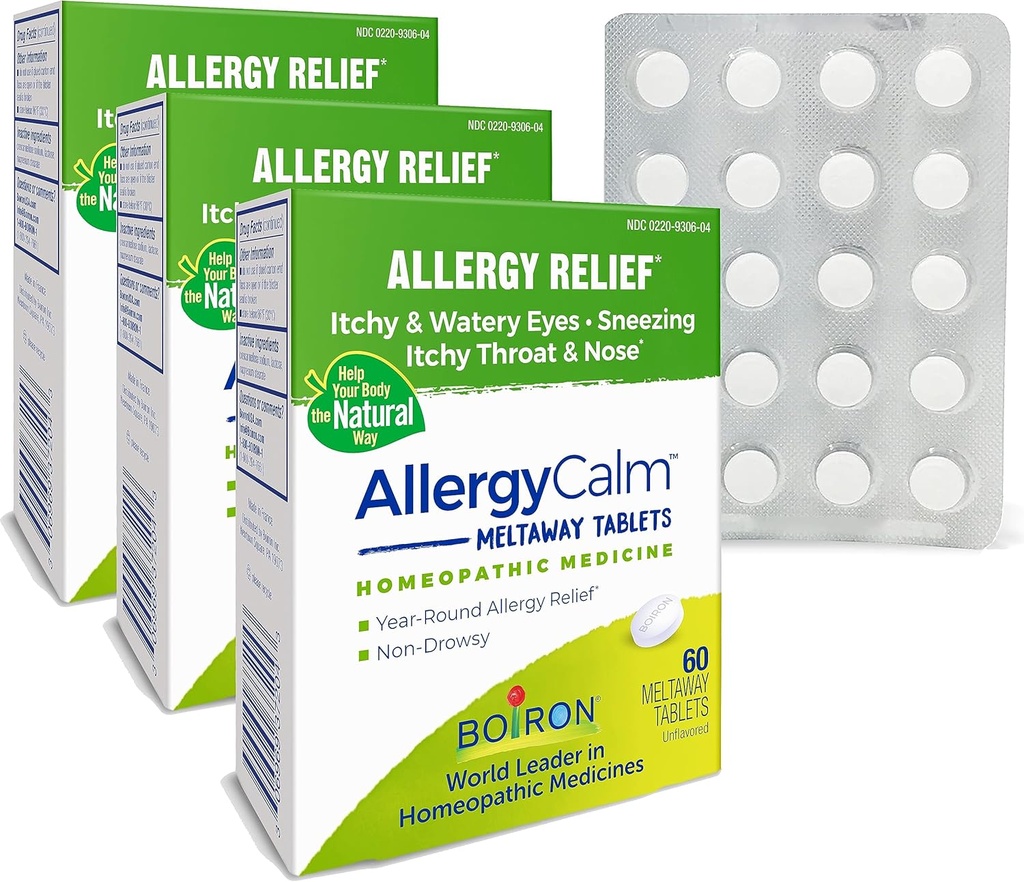 Boiron AllergyCalm Comprimés 180 Compte, soulagement des allergies et de la fièvre du foin Symptômes d'éternuement, de nez runny, d'yeux démangeaisons ou de gorge, d'allergy calm Tabs (anciennement RhinAllergy) (paquet de 3 boîtes 60ct)