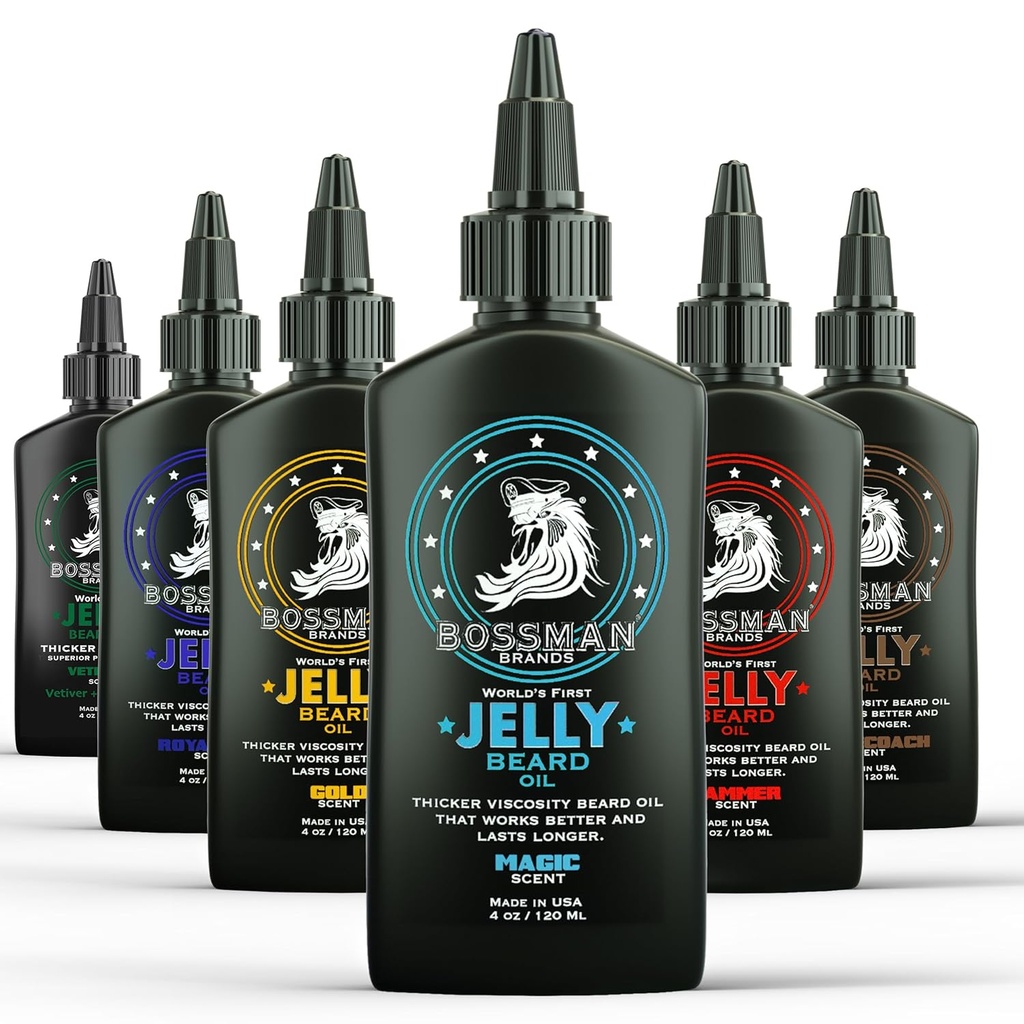 Bossman Jelly Oil Variety Pack - Kit d'entretien et de croissance de la barbe - Tous les 6 parfums d'huile de gelée de barbe - Fabriqué aux États-Unis