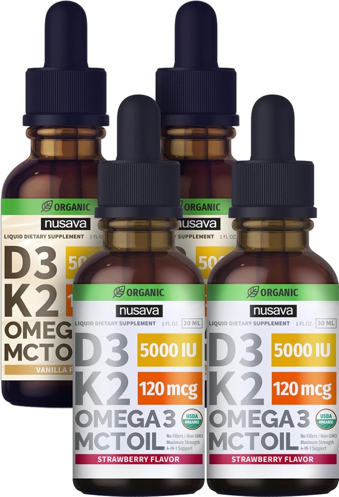 NUSAVA Strawberry Flavored D3 K2 Liquid Drops and Vanilla Flavored D3 K2 Liquid Drops Bundle - Potent Liquid Vitamins for Heart, Joint, Bone, Muscle, & Immune Support - Non-GMO, Gluten-Free, 2pk Each
