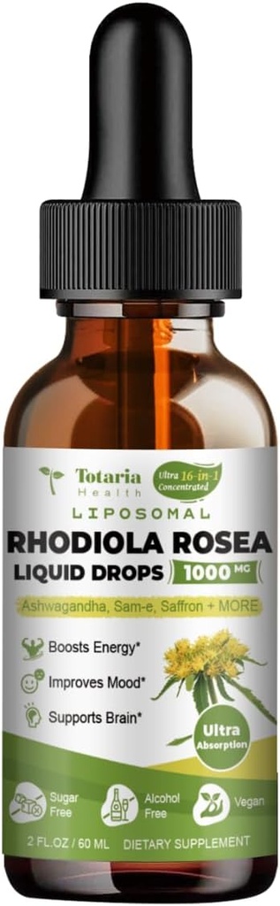 Totaria Liposomique Rhodiola Rosea Teinture 16 en 1, avec Ashwagandha, L-Theanine, Safran, Ultra Strength Rhodiola Rosea Ashwagandha Cortisol Liquide, Saveur naturelle