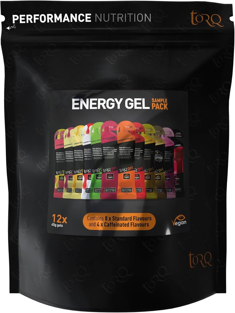 Torq Energy Gel Sample Pack de 12 - Ultimate On The Go Quick Release Energy - 30g de glucides - Gels de course/cycling/sports - Taster Pack - Natural & Vegan