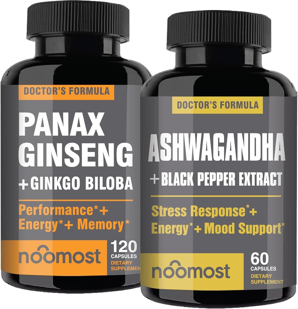 NooLes plus authentiques Panax Rouge Coréen Ginseng + Ashwagandha biologique avec Ginkgo Biloba et poivre noir