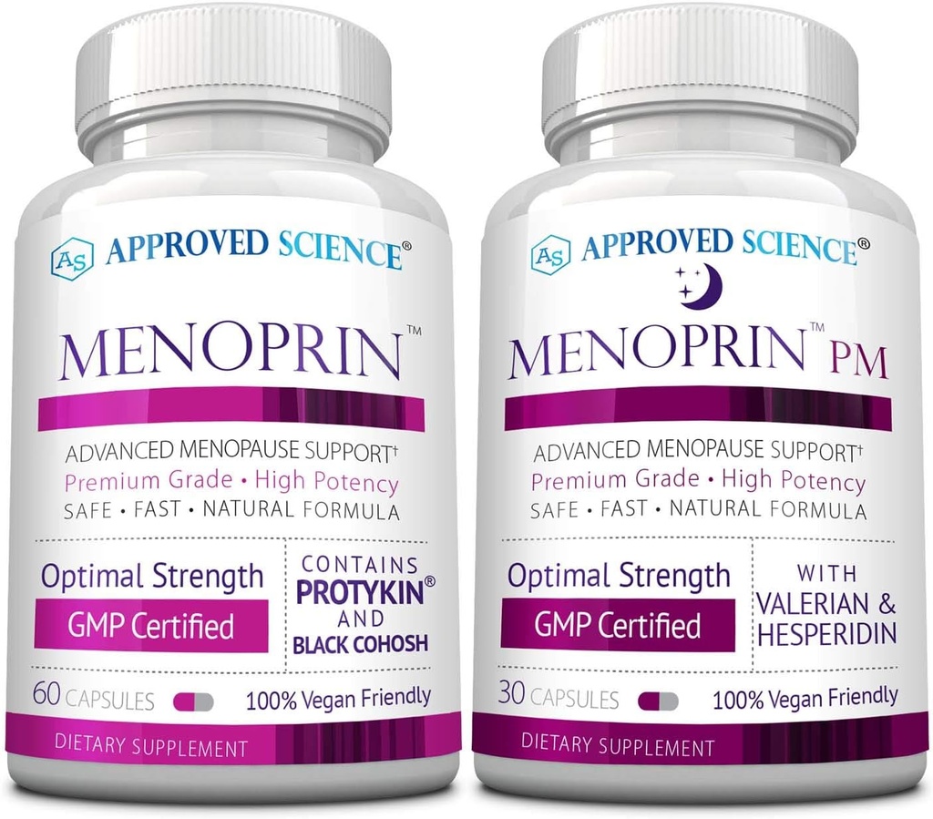 Science approuvée Ménoprine - Soutien à la ménopause - Protykine, Cohosh noir - 1 bouteille Ménoprine Jour + 1 bouteille Ménoprine PM - Vegan