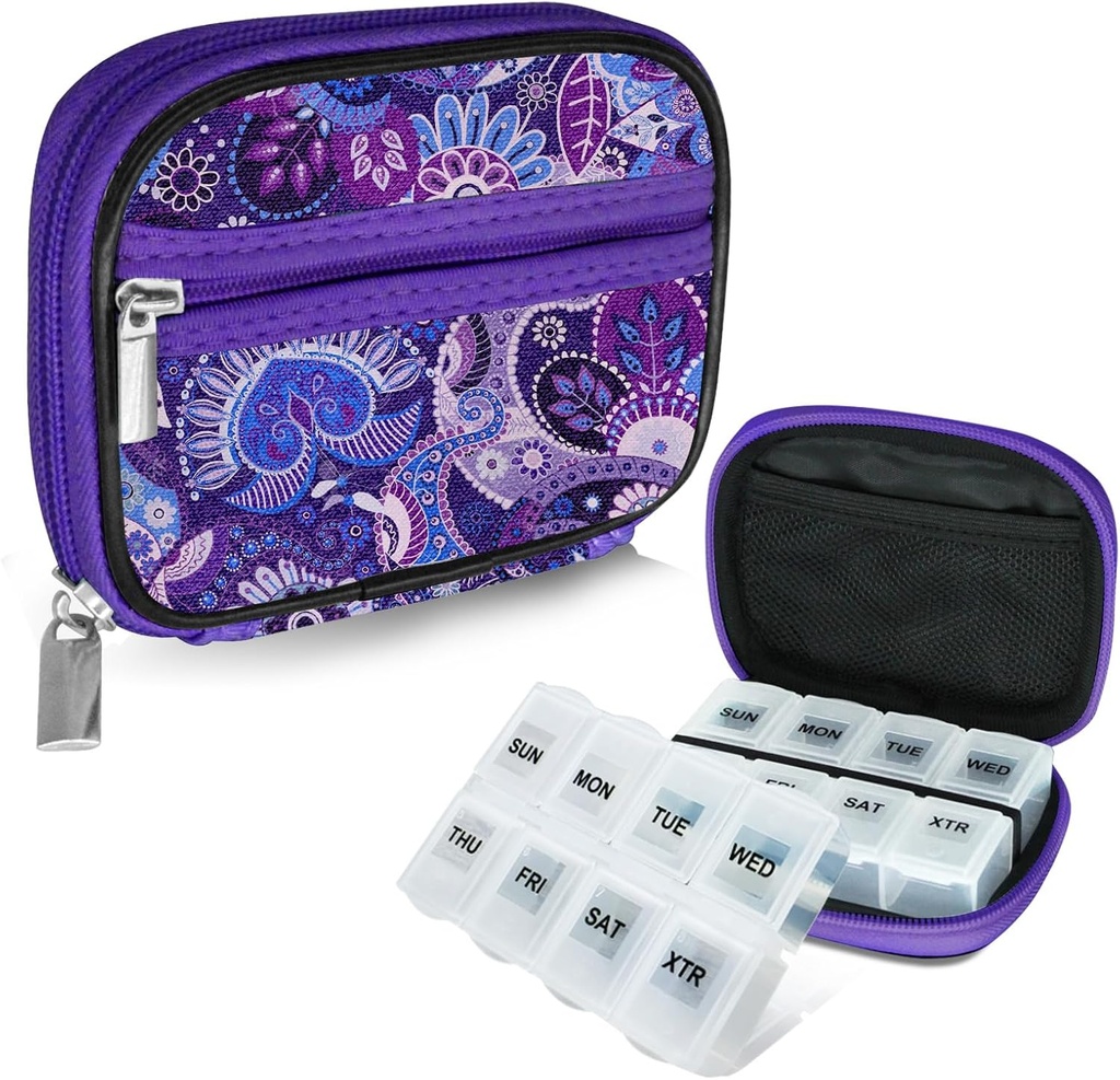 Serfeymi Weekly Pill Organizer Pill Case for Purse with Amovible 7 Day Pill Box, Fashionable Travel Medicine Organizer Pill Container for Medicine, Vitamine, Supplément - Purple 01 + Pill Box