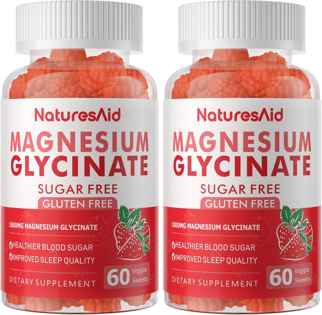 Glycinat de magnésium Gommies 1000mg - Supplément de potassium de magnésium sans sucre avec vitamine D, B6, CoQ10 pour l'humeur calme et le soutien du sommeil - 120 Gommies de fraise -2 Pack
