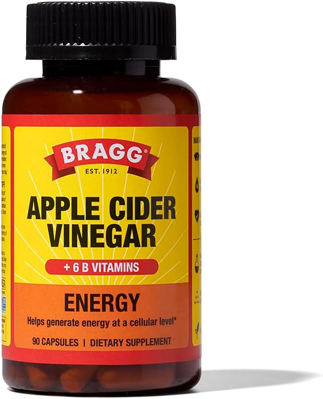 Bragg Energy Capsules de vinaigre de cidre de pomme avec des vitamines B-12 - 90 capsules - Gestion du poids - Non-OGM, végétalien, sans gluten, sans sucre - Aide à générer de l'énergie au niveau cellulaire pour les hommes et les femmes