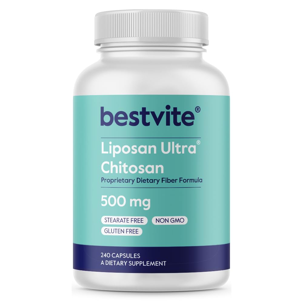 BESTVITE Liposan Ultra Chitosan 500mg (240 Capsules) - Breveté plus rapide agir que le Chitosan régulier - Pas de stéarate - Pas de remplissage