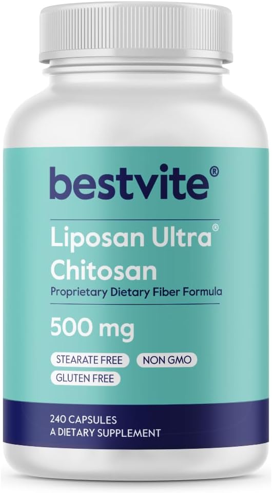 BESTVITE Liposan Ultra Chitosan 500mg (240 Capsules) - Breveté plus rapide agir que le Chitosan régulier - Pas de stéarate - Pas de remplissage