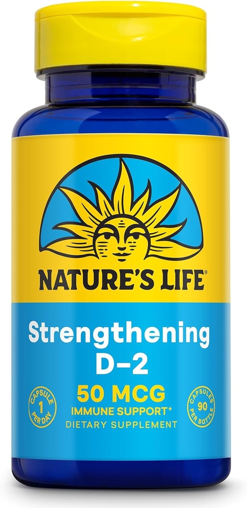 Nature's Life Strengthening Vitamine D2 2000 UI as Ergocalciferol - Supplément de soutien immunitaire - Vitamine D Support pour l'absorption de calcium, santé des os - Garantie 60 jours, 90 servir, 90 capsules végétariennes